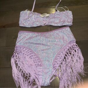 Bear Dance Lavender Fringe Top & Bottom Rave Outfit
